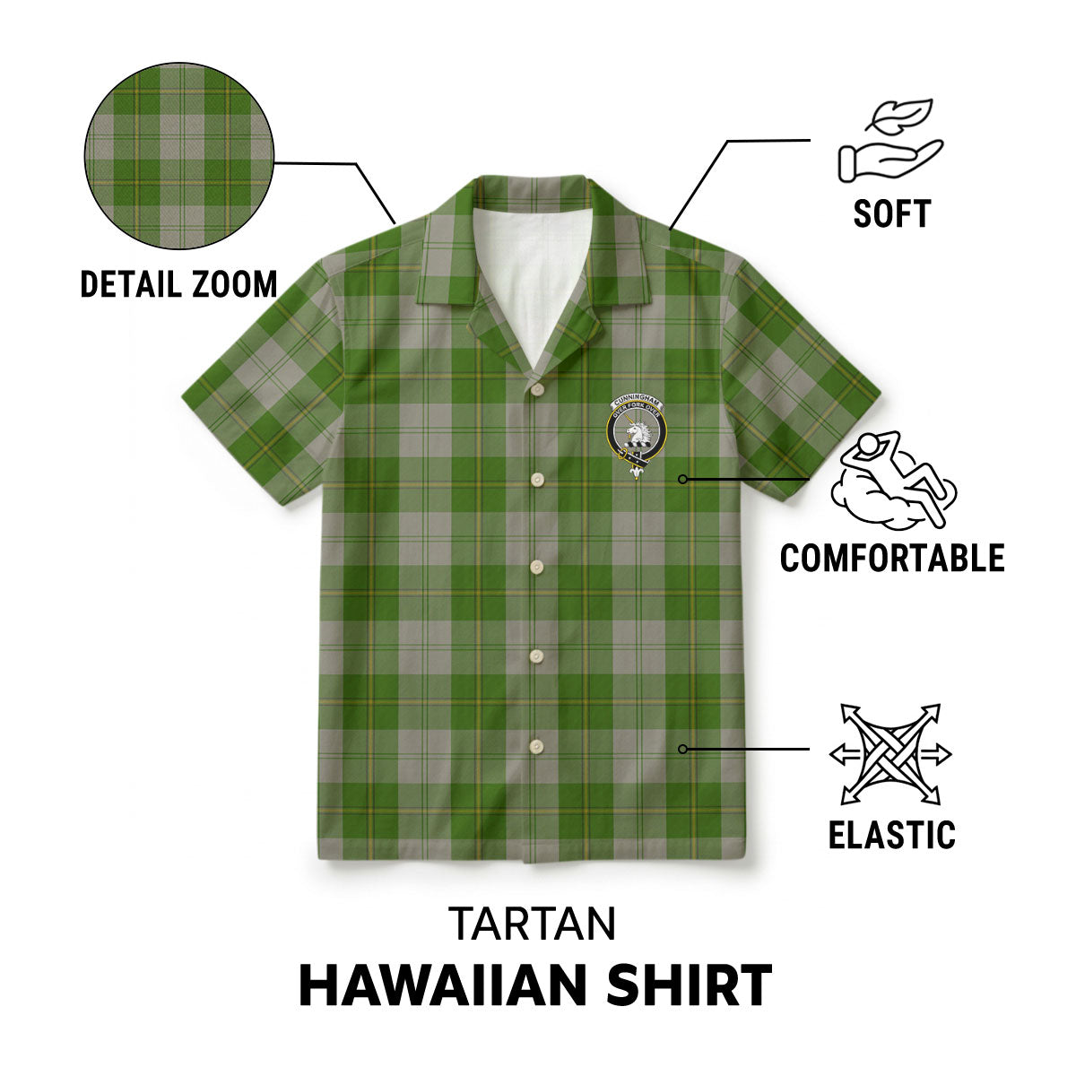 Cunningham Dress Green Dancers Tartan Crest Hawaiian Shirt