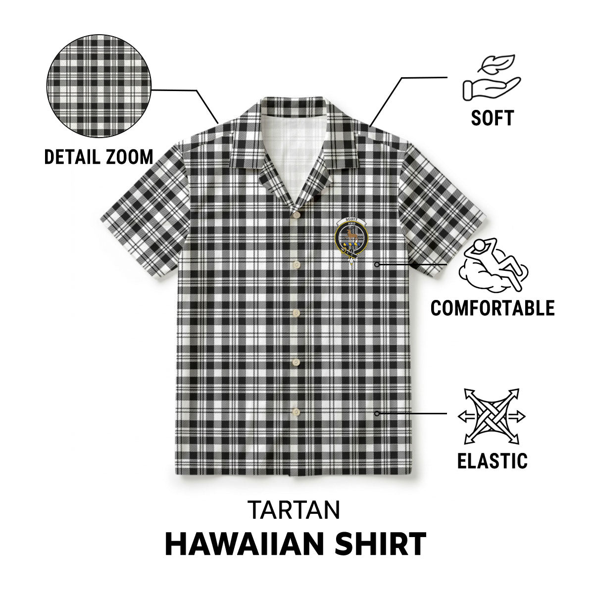 Scott Black & White Modern Tartan Crest Hawaiian Shirt
