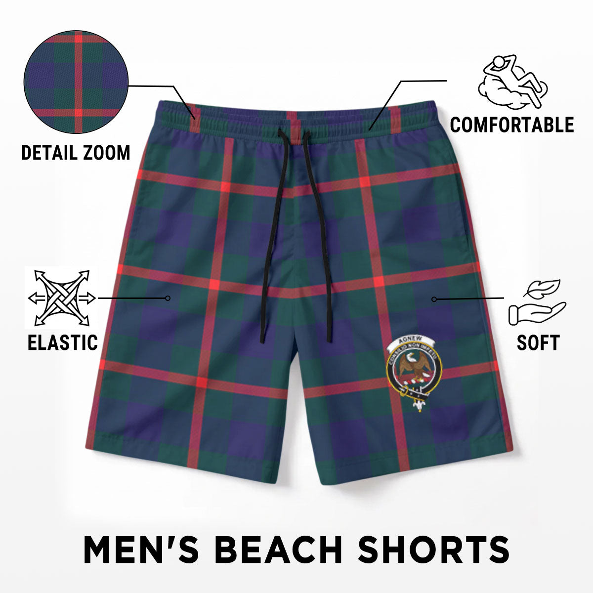 Agnew Modern Tartan Crest Men's Beach Shorts