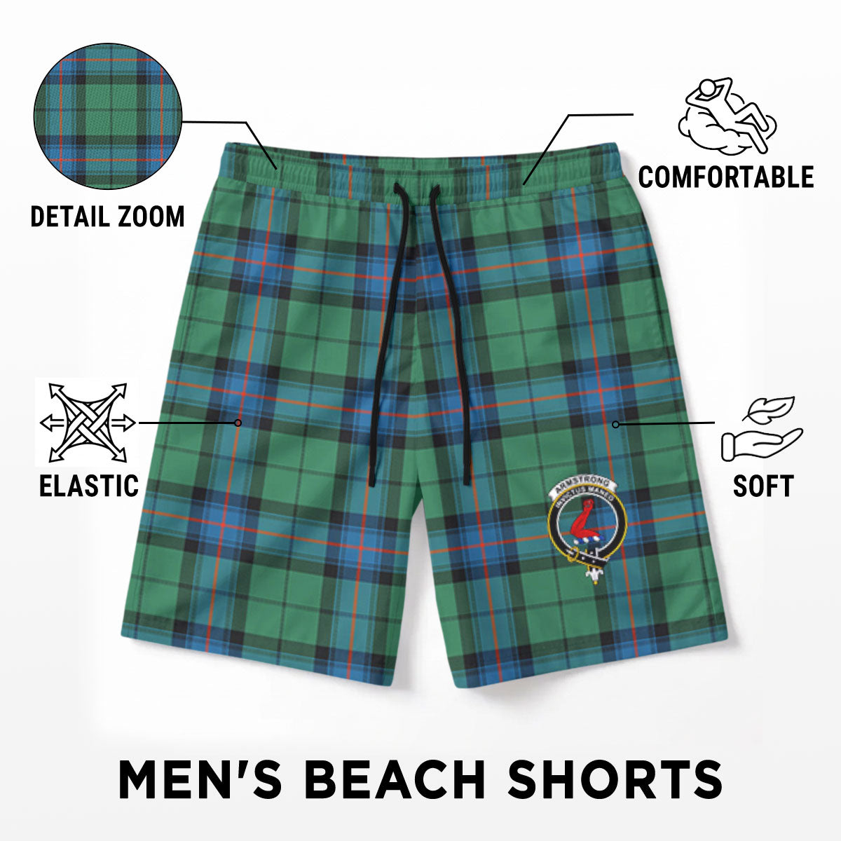 Armstrong Ancient Tartan Crest Men's Beach Shorts
