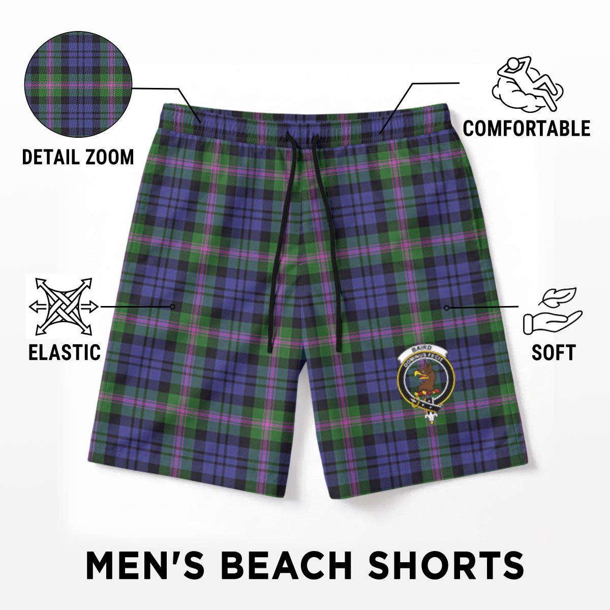Baird Modern Tartan Crest Men's Beach Shorts