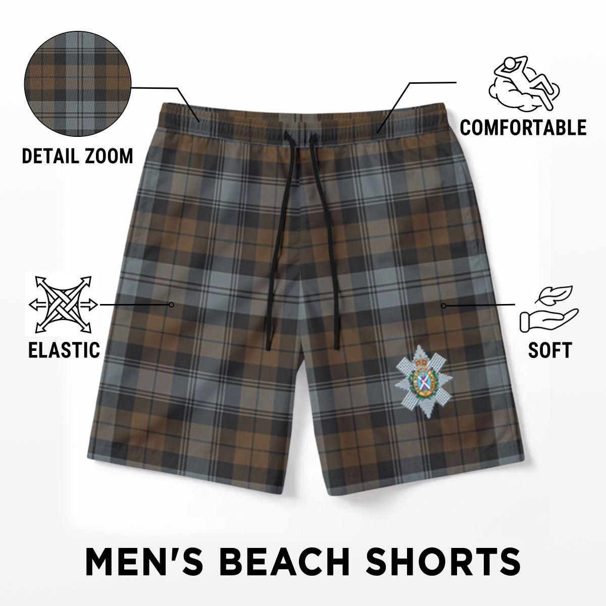 Black Watch Weathered Tartan Crest Men's Beach Shorts