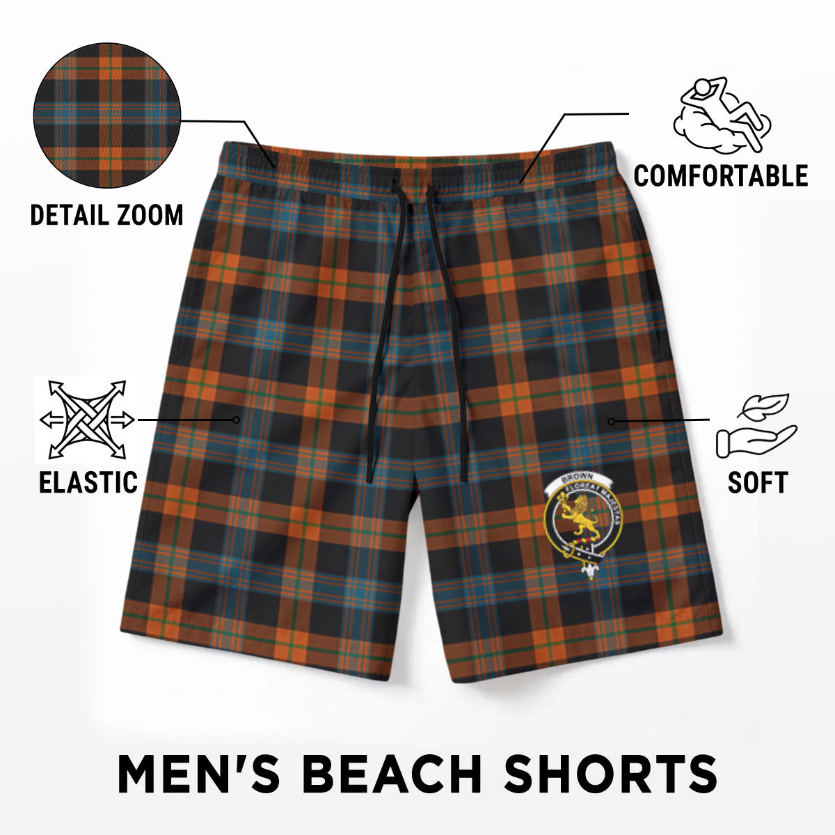 Brown Ancient Tartan Crest Men's Beach Shorts