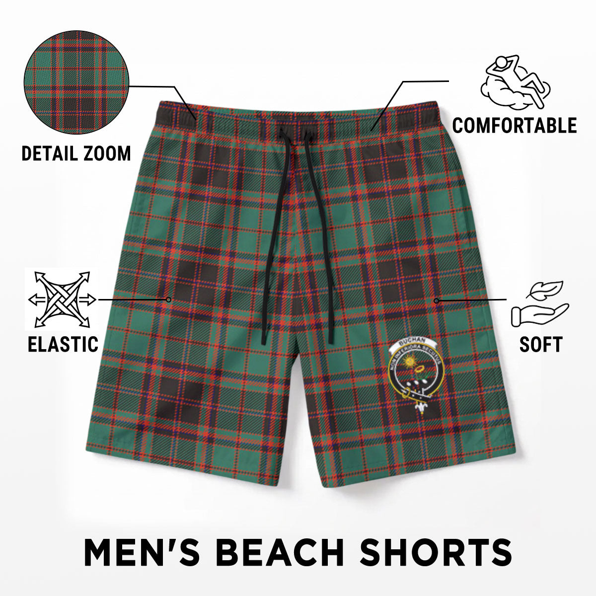 Buchan Ancient Tartan Crest Men's Beach Shorts