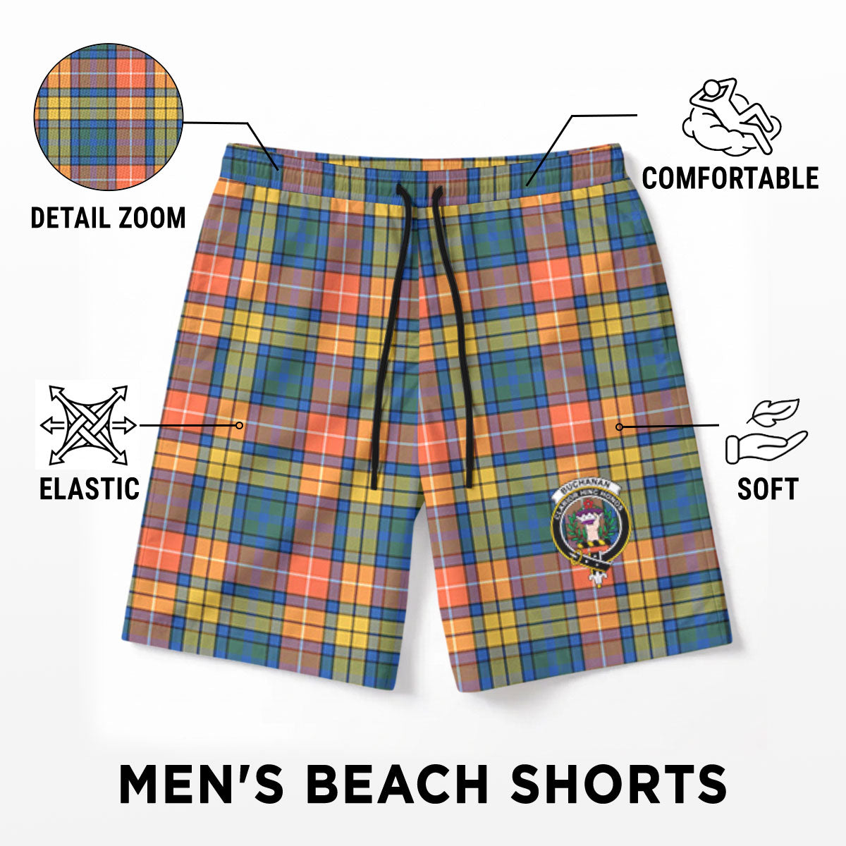 Buchanan Ancient Tartan Crest Men's Beach Shorts