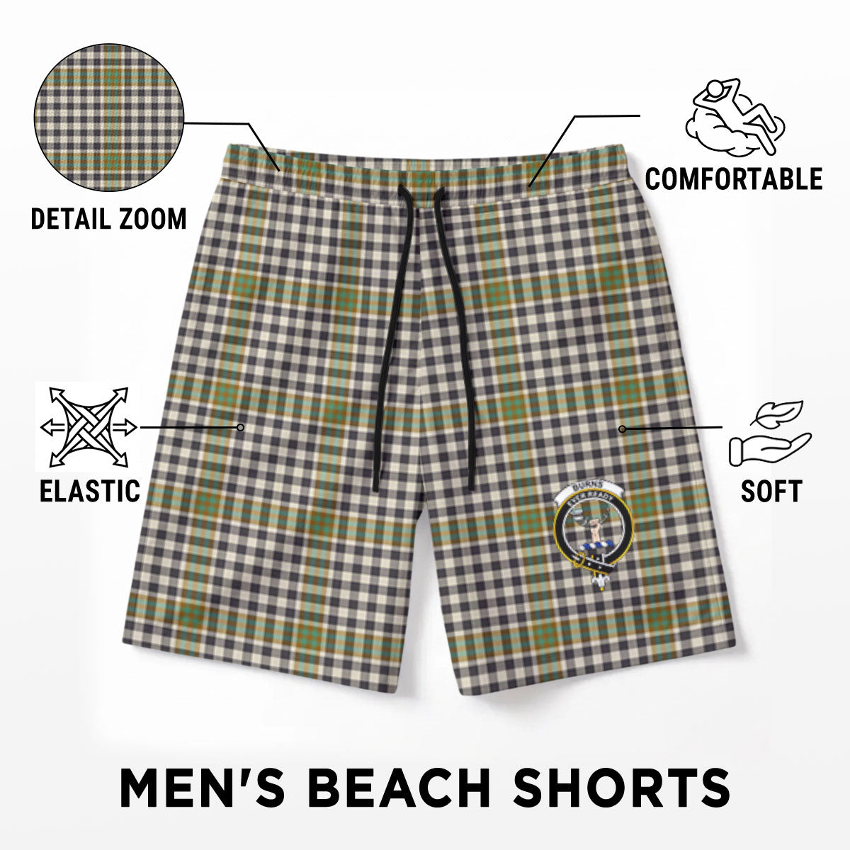 Burns Check Tartan Crest Men's Beach Shorts