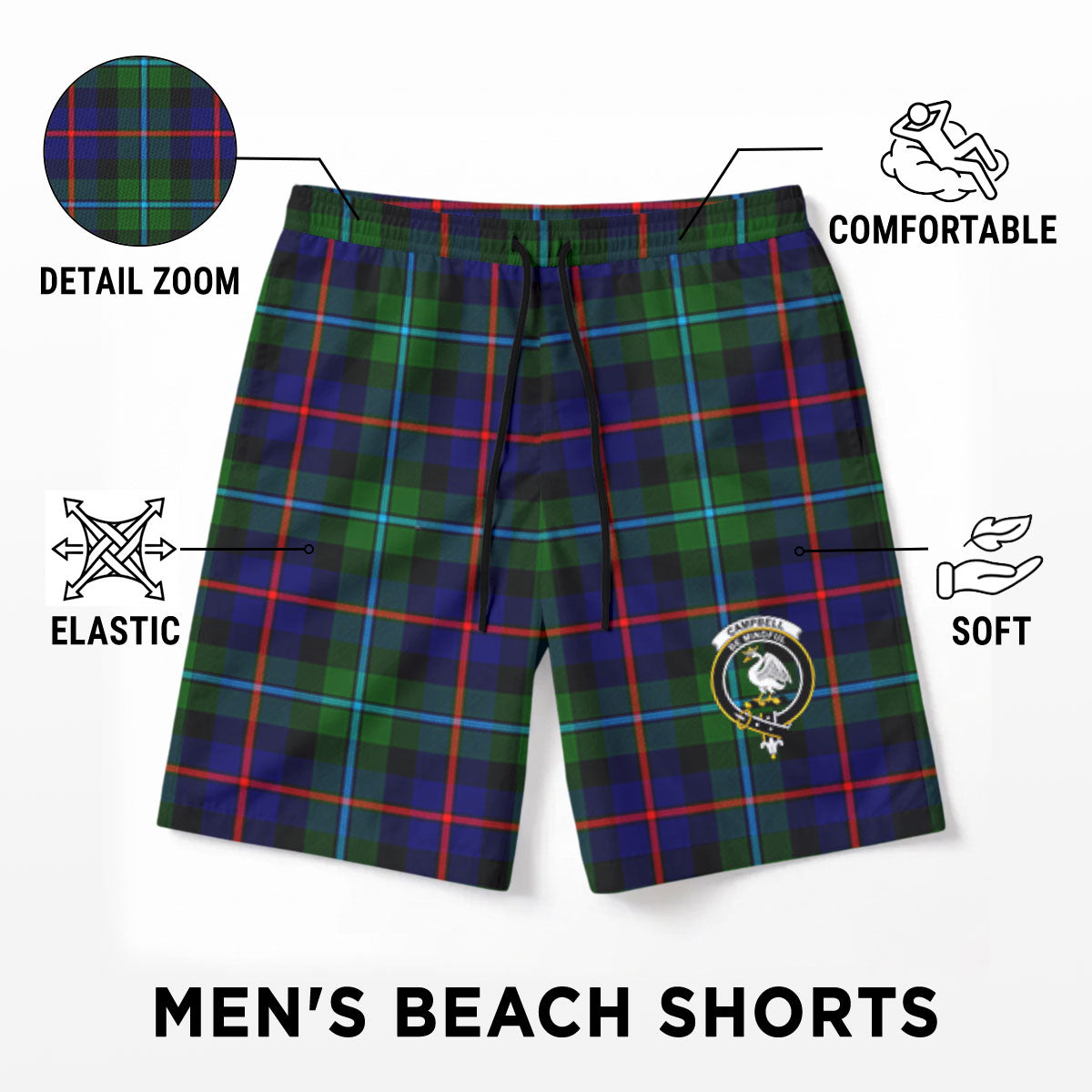 Campbell of Cawdor Modern Tartan Crest Men's Beach Shorts