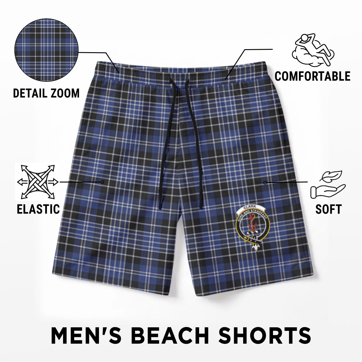 Clark Modern Tartan Crest Men's Beach Shorts