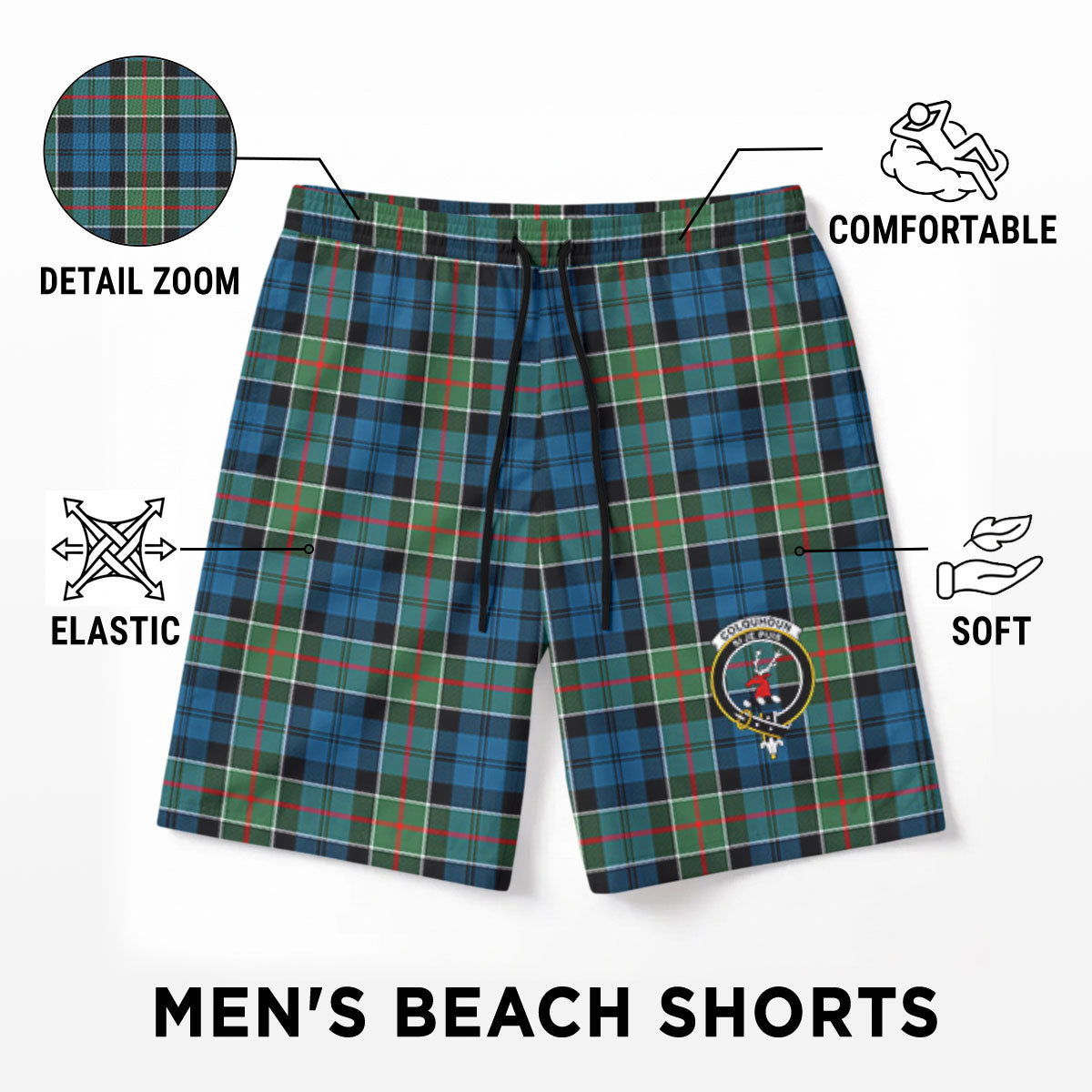 Colquhoun Ancient Tartan Crest Men's Beach Shorts
