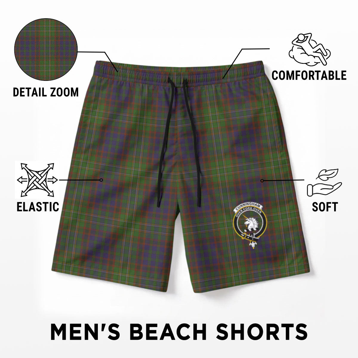 Cunningham Hunting Modern Tartan Crest Men's Beach Shorts