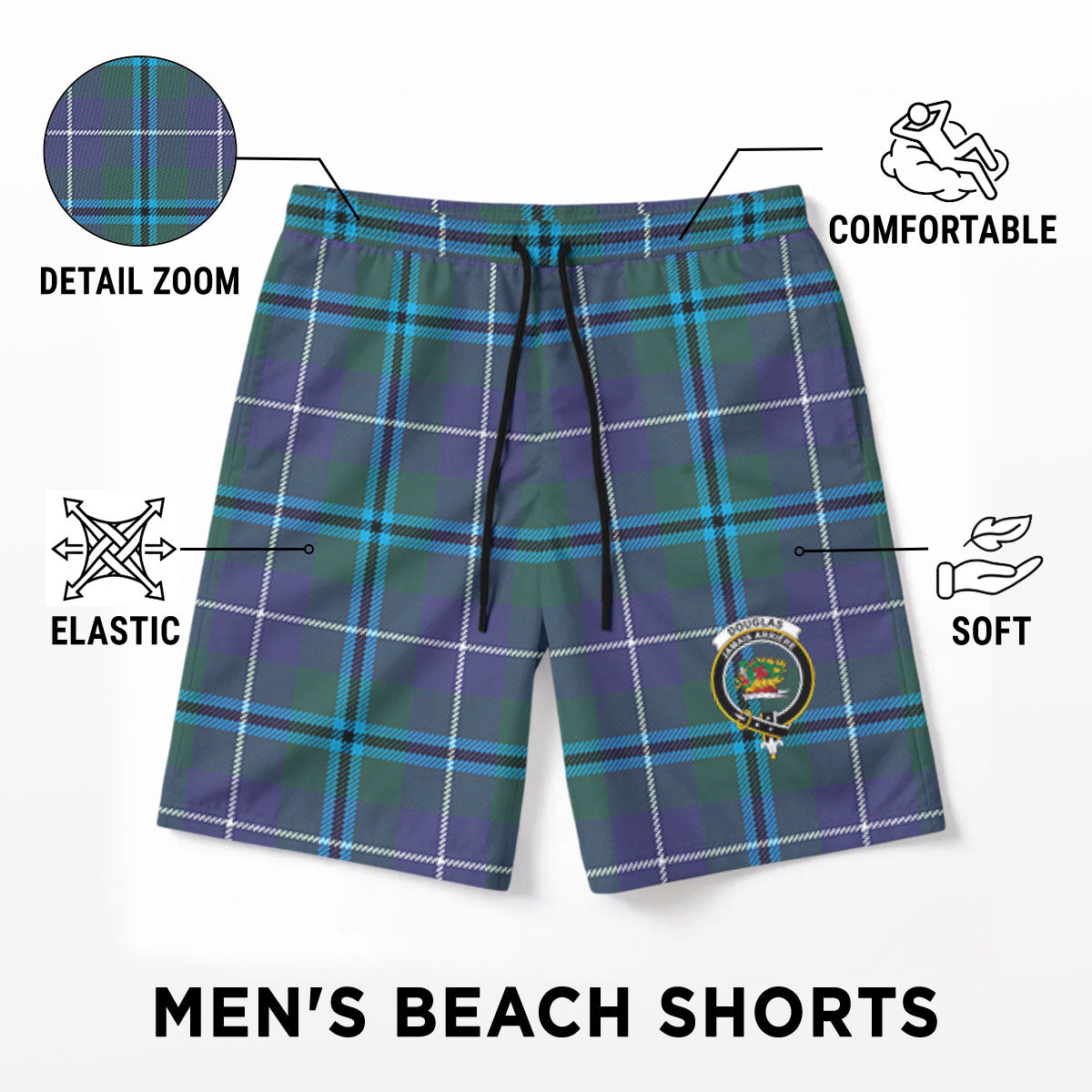 Douglas Modern Tartan Crest Men's Beach Shorts