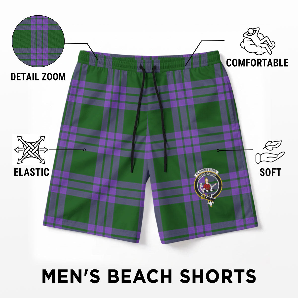 Elphinstone Tartan Crest Men's Beach Shorts