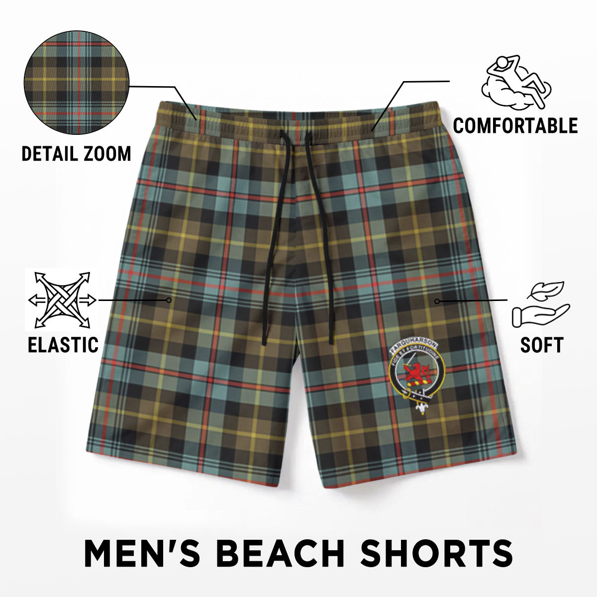 Farquharson Weathered Tartan Crest Men's Beach Shorts