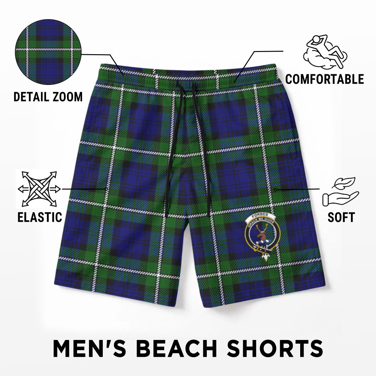 Forbes Modern Tartan Crest Men's Beach Shorts
