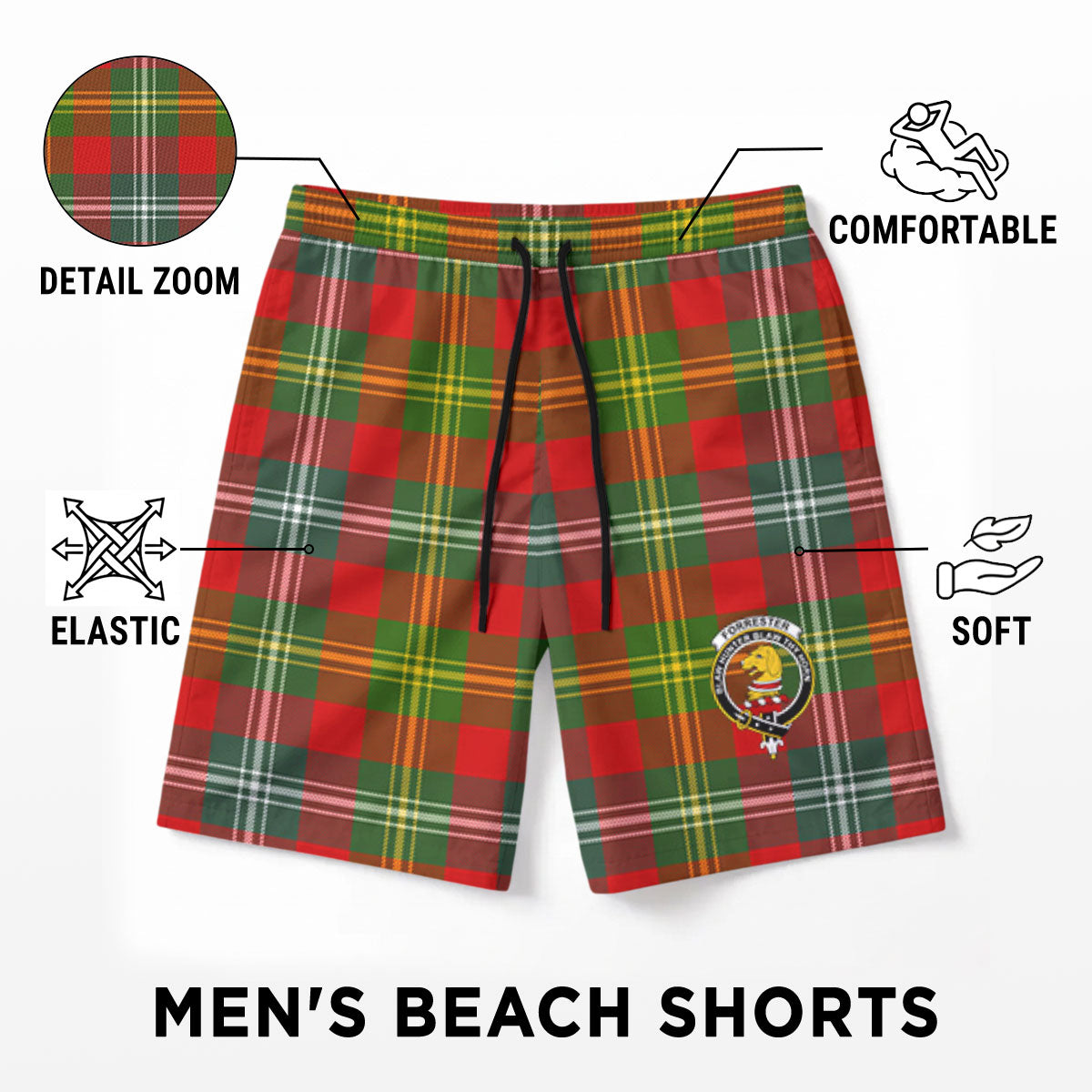 Forrester Tartan Crest Men's Beach Shorts