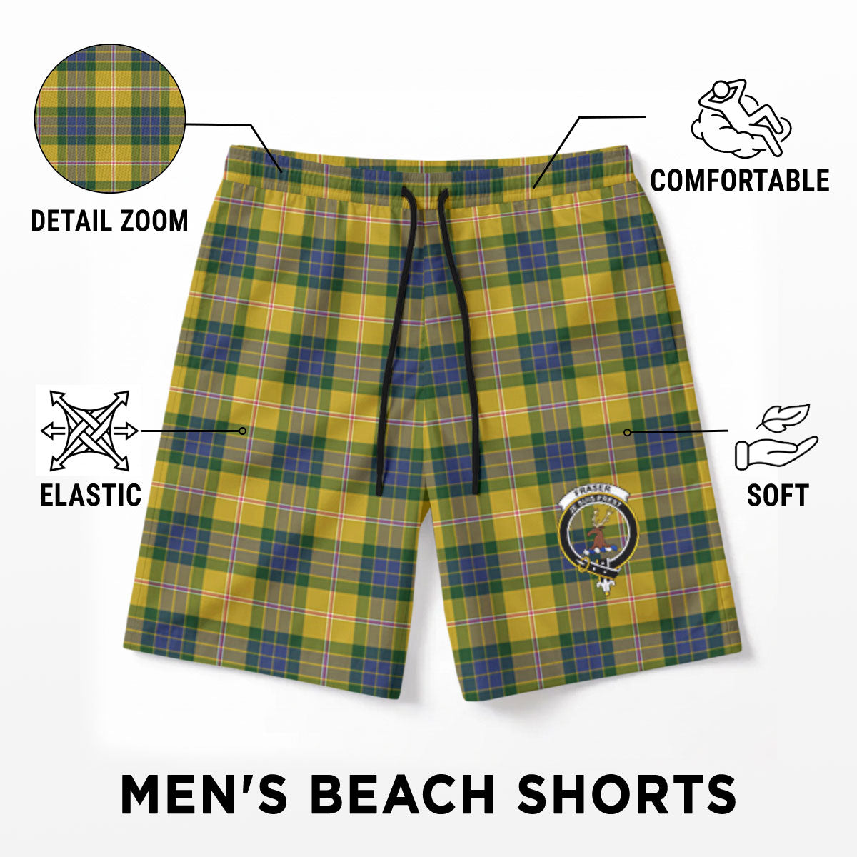 Fraser (of Lovat) Yellow Tartan Crest Men's Beach Shorts