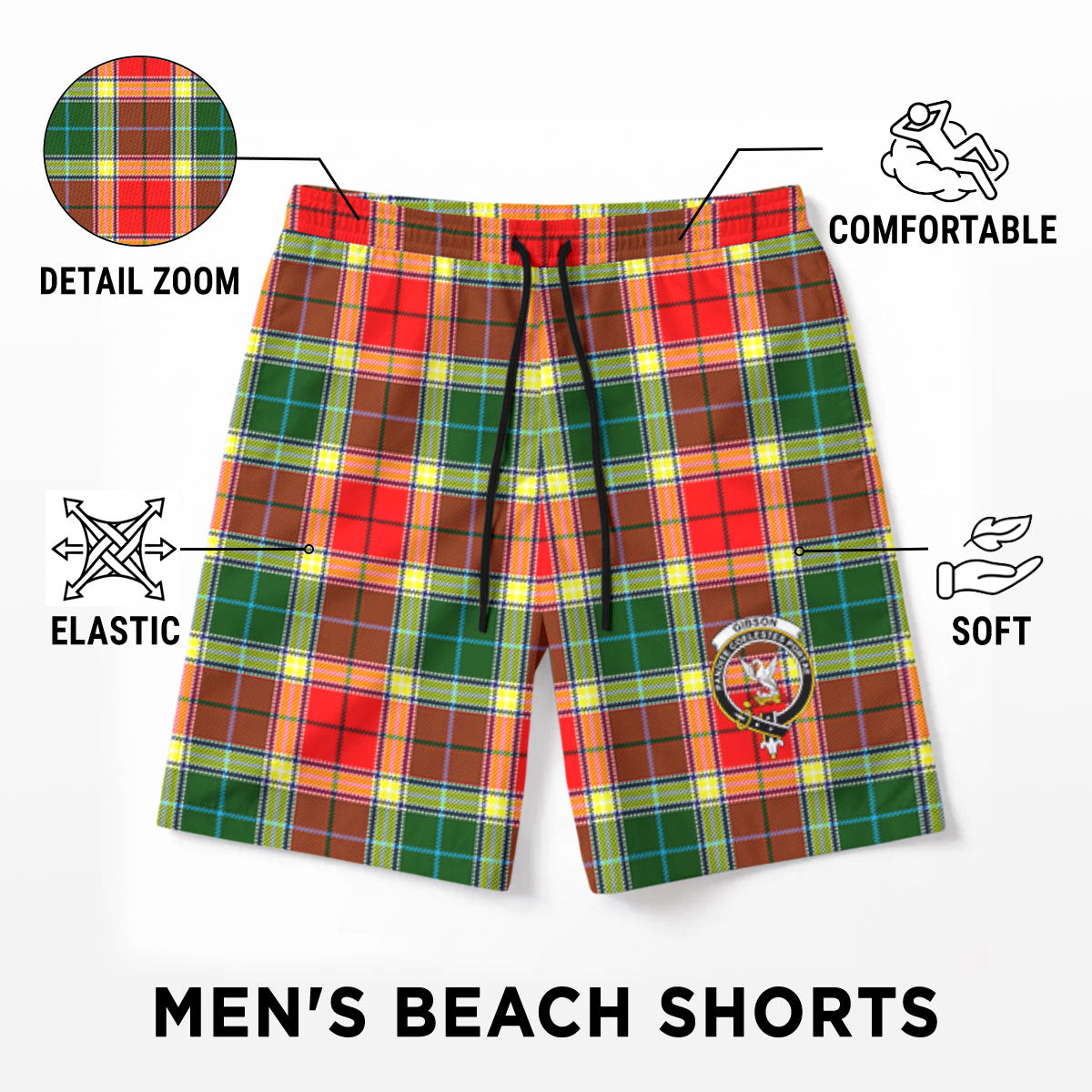 Gibson Tartan Crest Men's Beach Shorts
