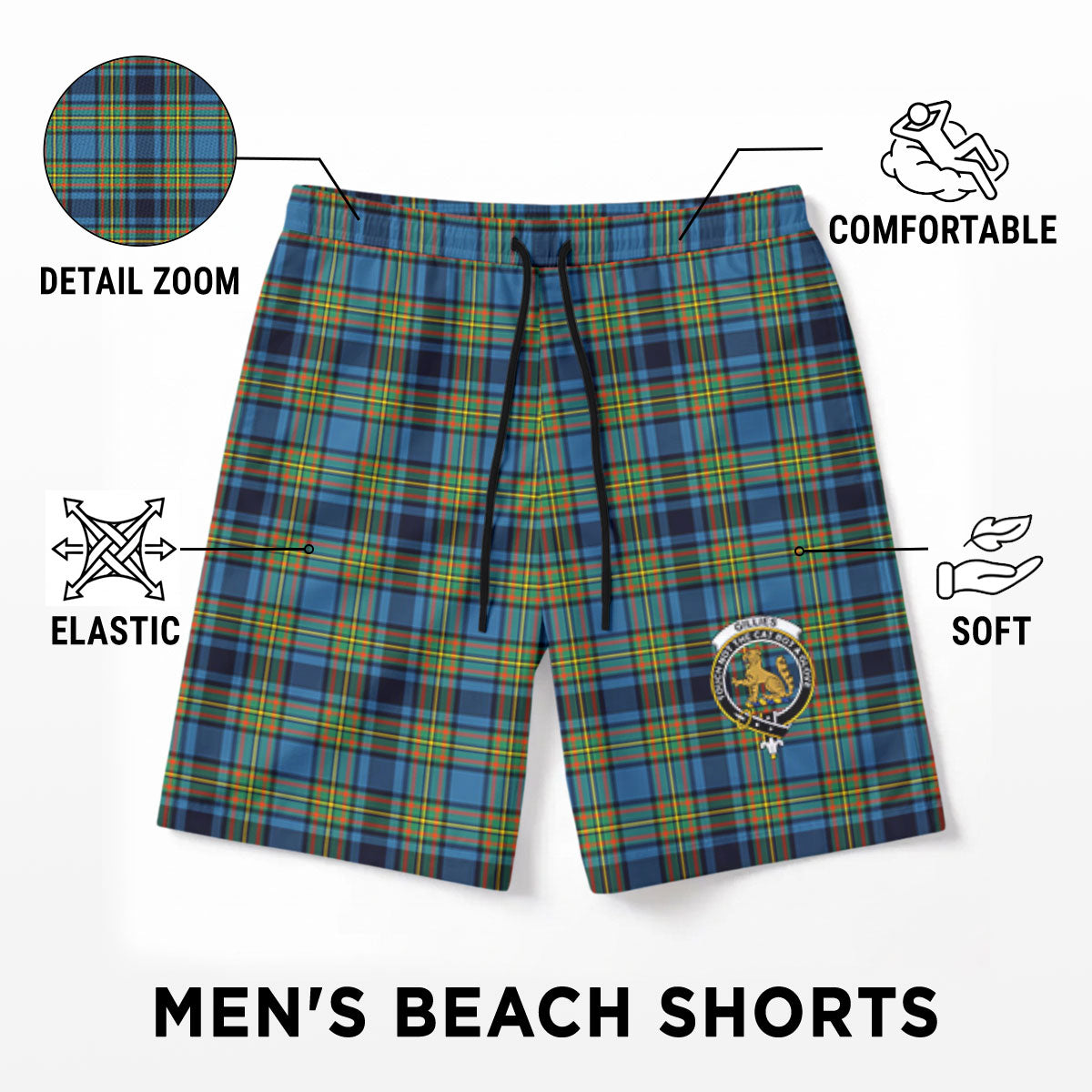 Gillies Ancient Tartan Crest Men's Beach Shorts