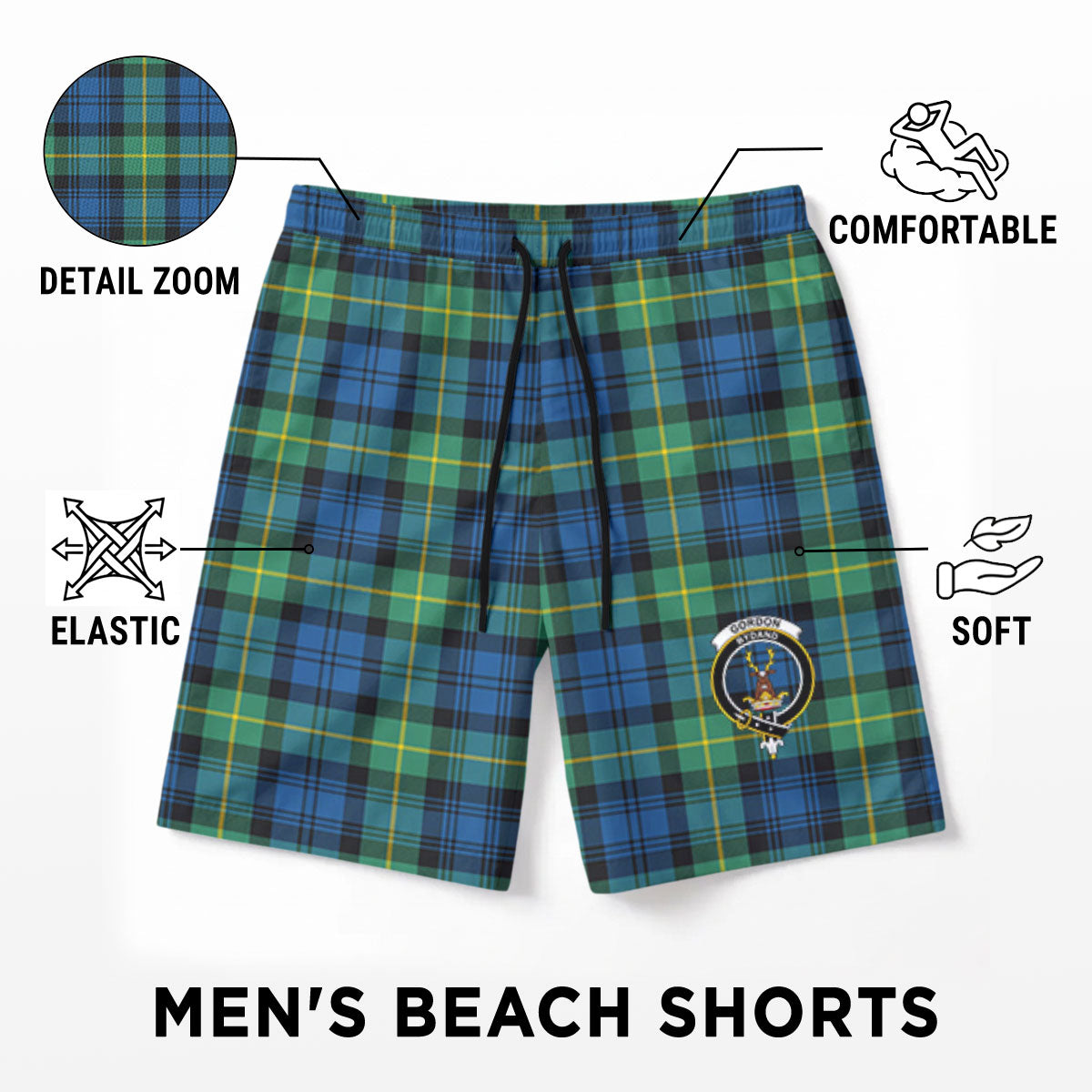 Gordon Ancient Tartan Crest Men's Beach Shorts