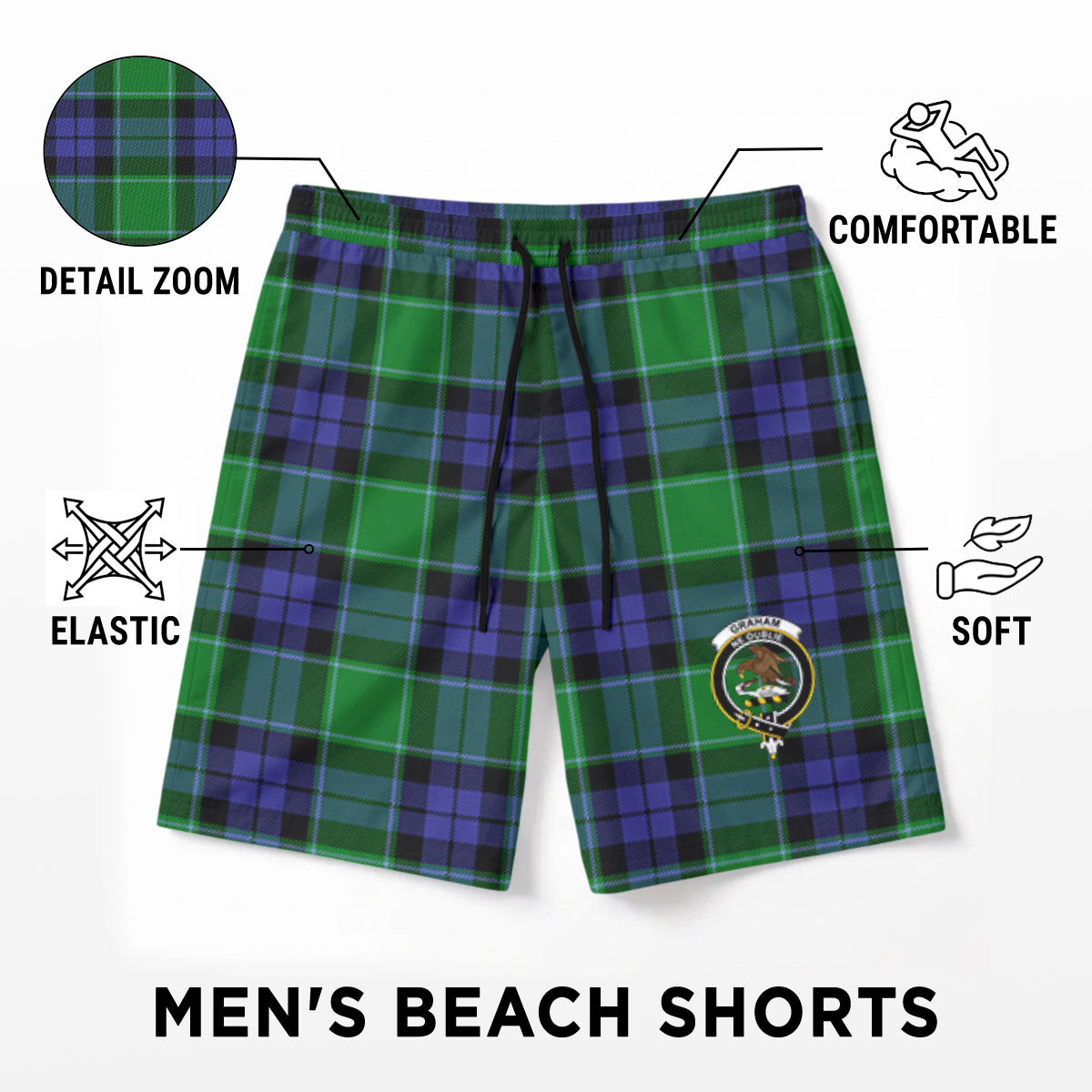 Graham of Menteith Modern Tartan Crest Men's Beach Shorts