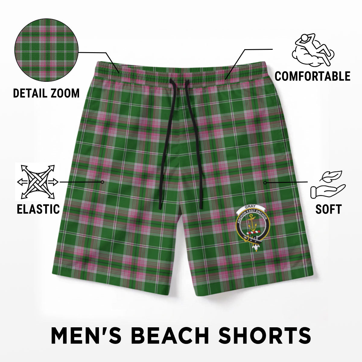 Gray Hunting Tartan Crest Men's Beach Shorts