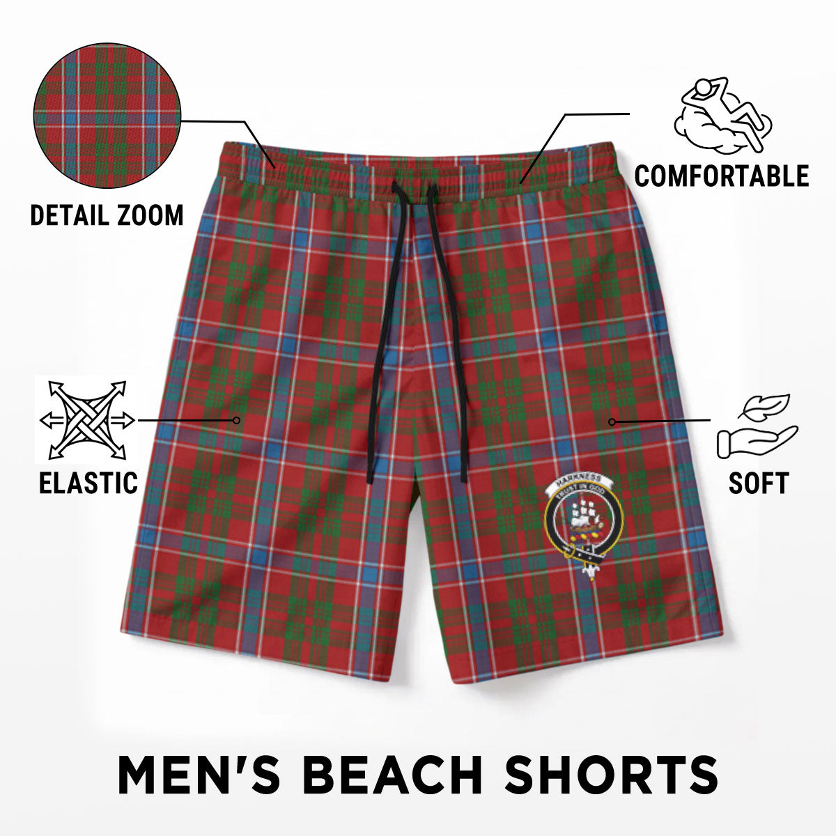 Harkness Dress Tartan Crest Men's Beach Shorts