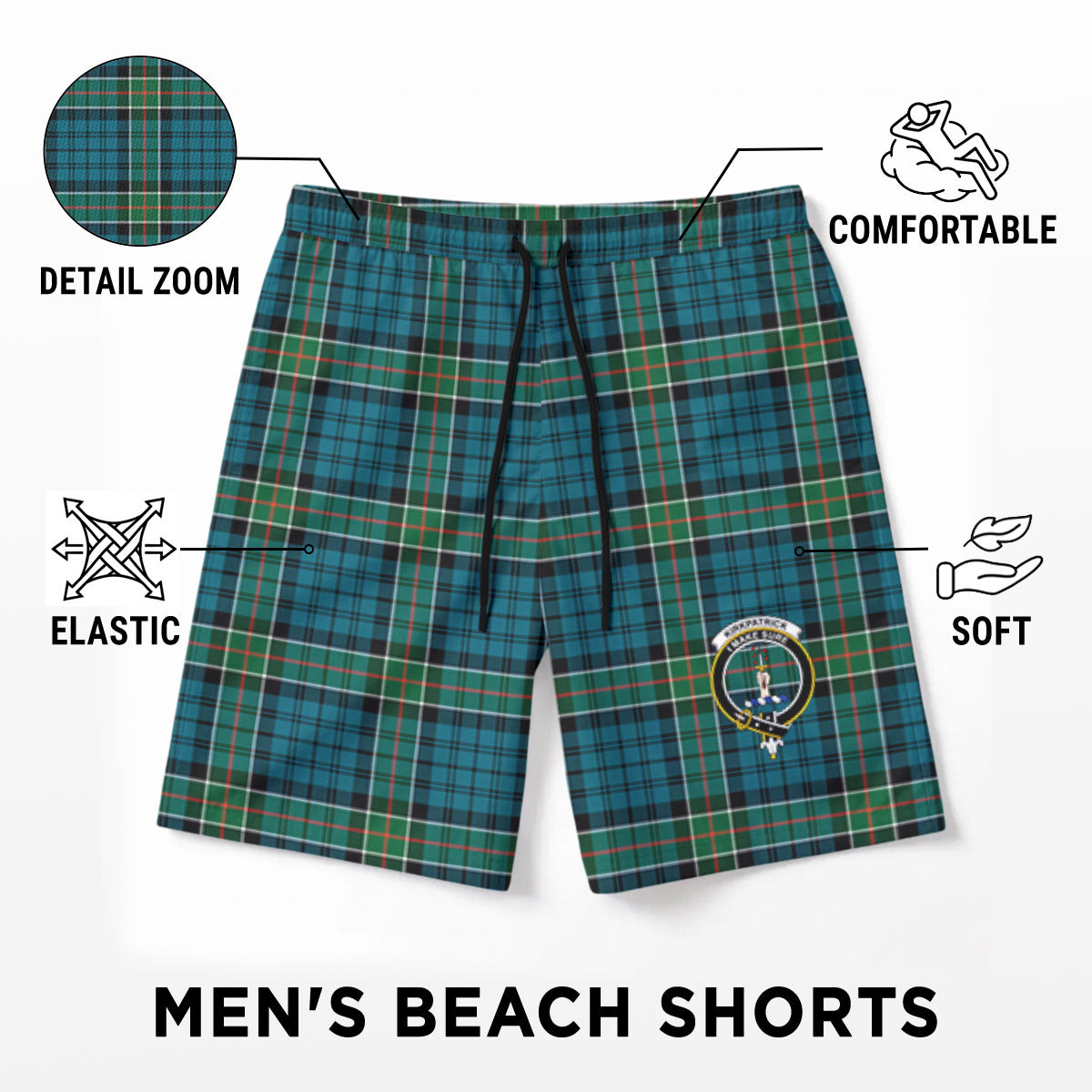 Kirkpatrick Ancient Tartan Crest Men's Beach Shorts