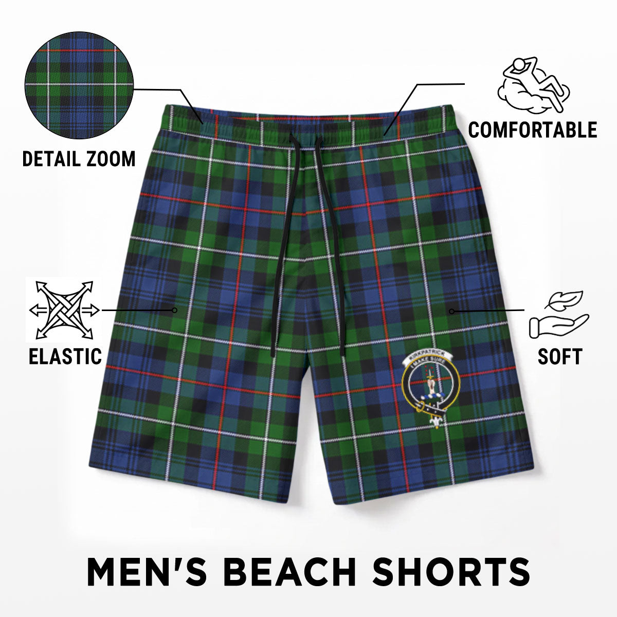 Kirkpatrick Tartan Crest Men's Beach Shorts