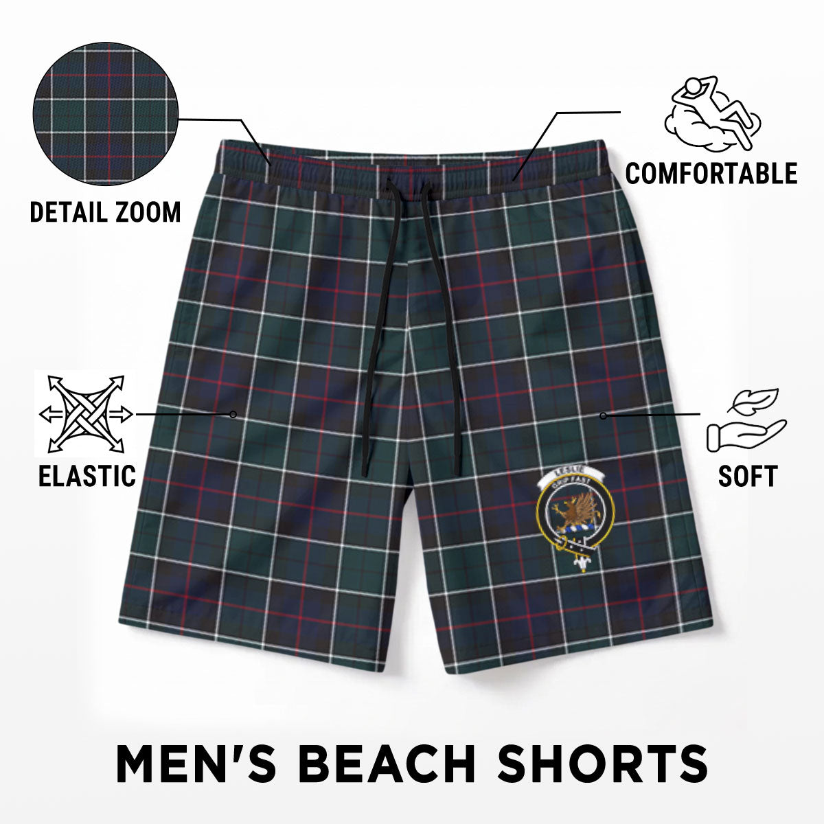 Leslie Hunting Modern Tartan Crest Men's Beach Shorts