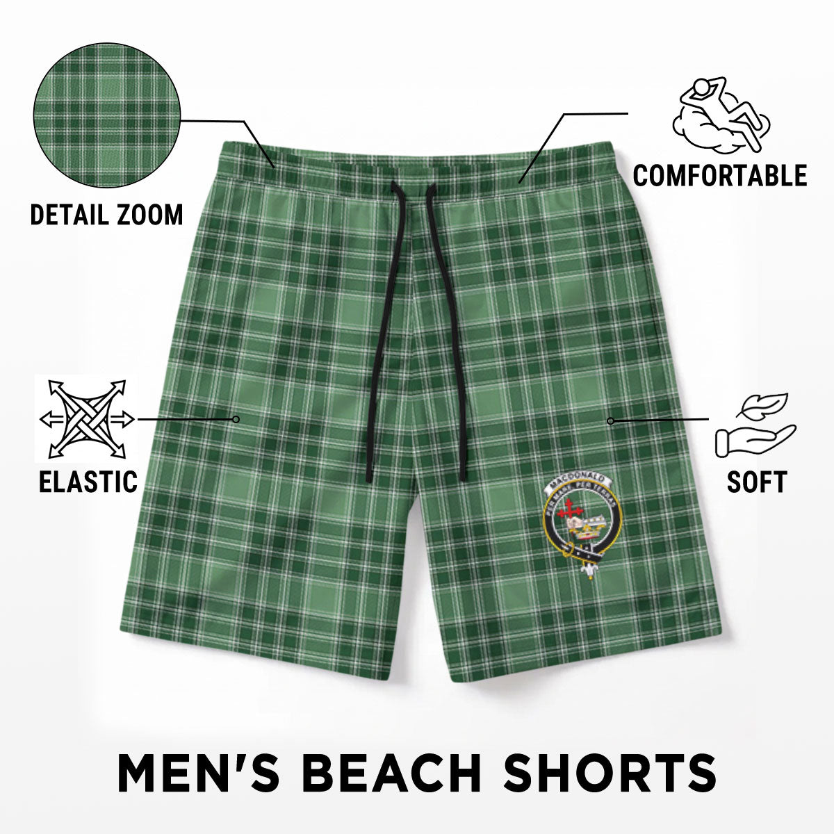 MacDonald Lord of the Isles Hunting Tartan Crest Men's Beach Shorts