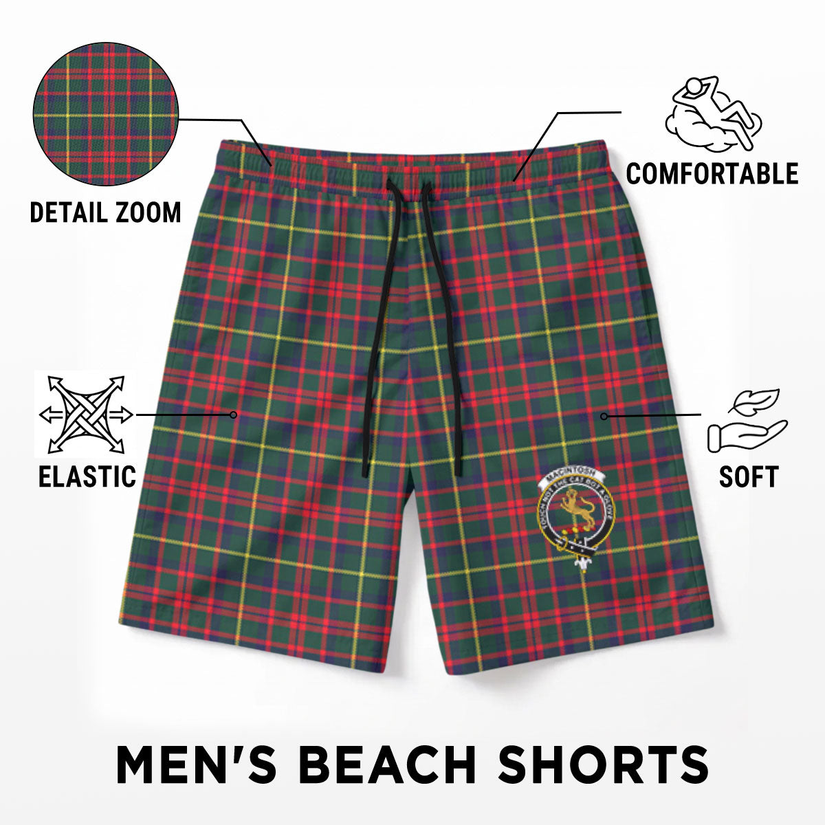 MacIntosh Hunting Modern Tartan Crest Men's Beach Shorts