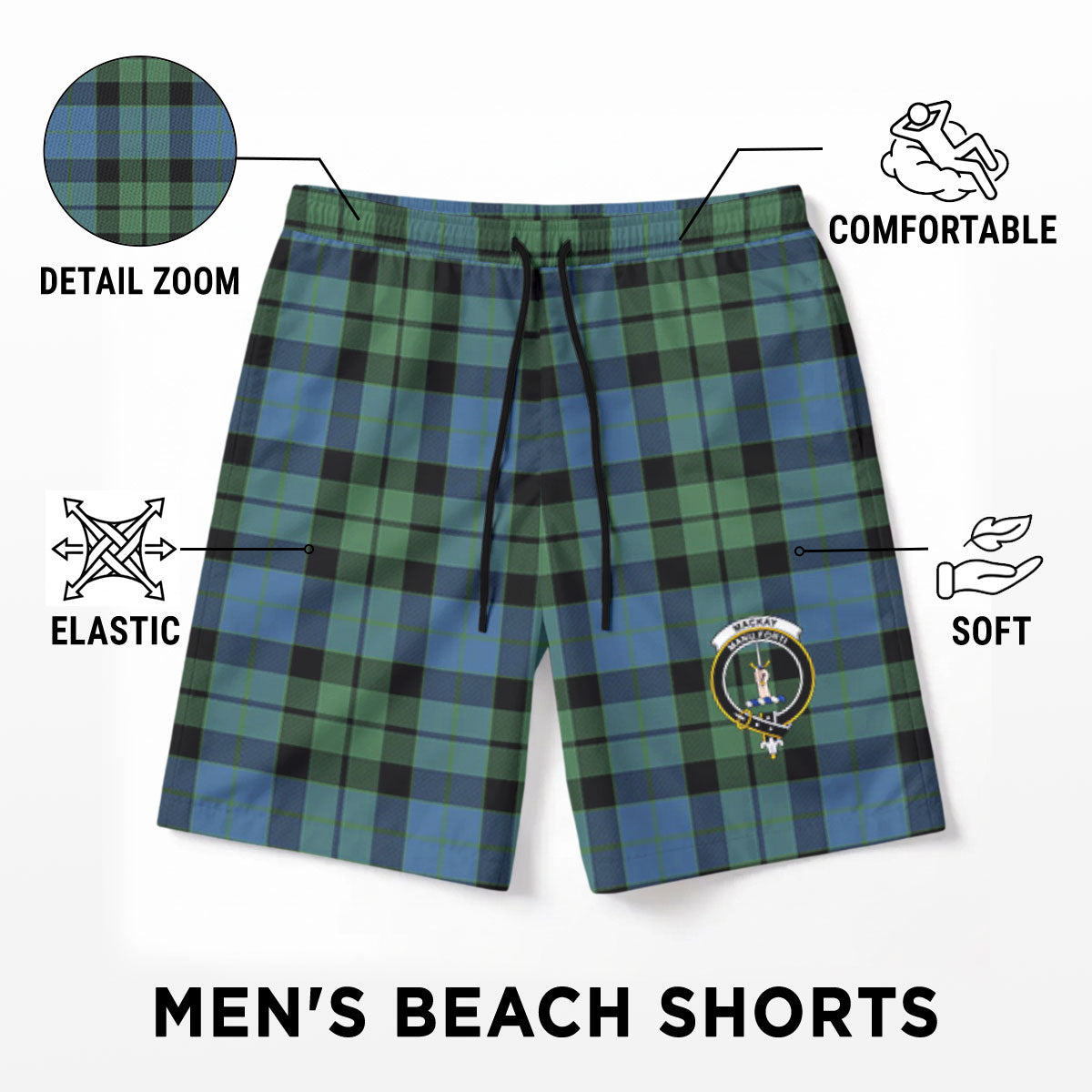 MacKay Ancient Tartan Crest Men's Beach Shorts