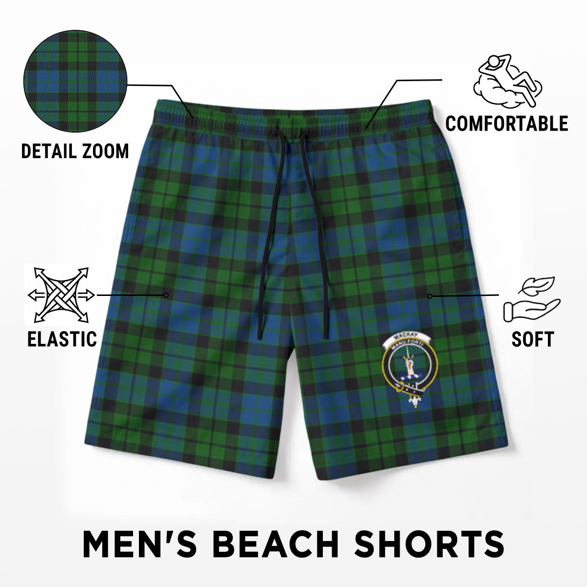 MacKay Modern Tartan Crest Men's Beach Shorts