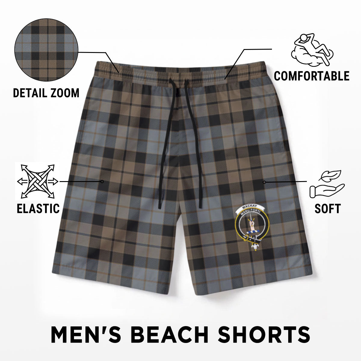 MacKay Weathered Tartan Crest Men's Beach Shorts