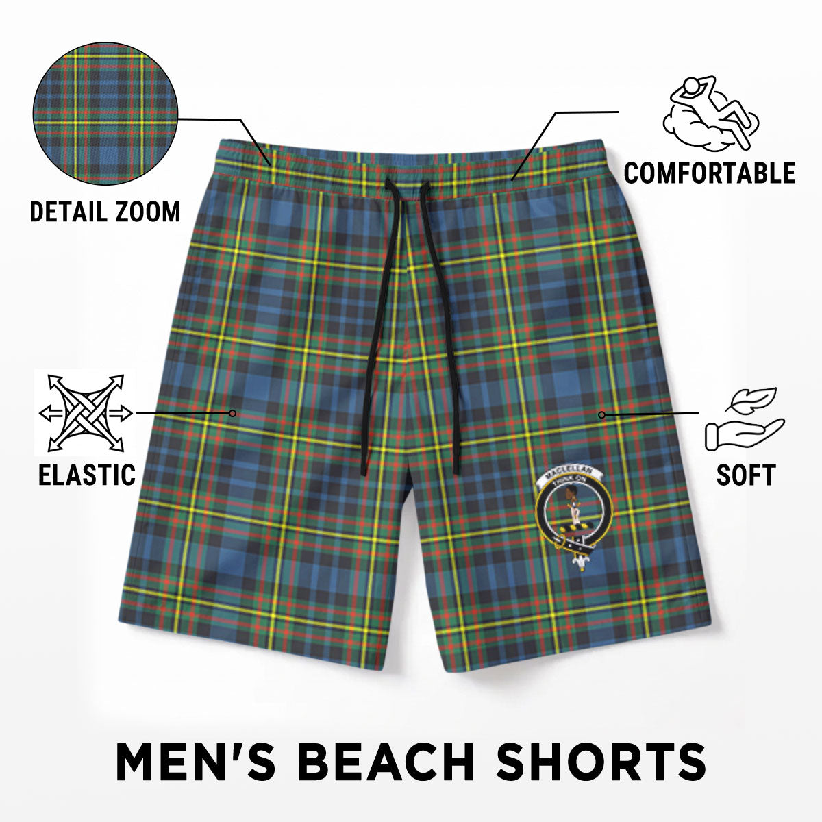 MacLellan Ancient Tartan Crest Men's Beach Shorts