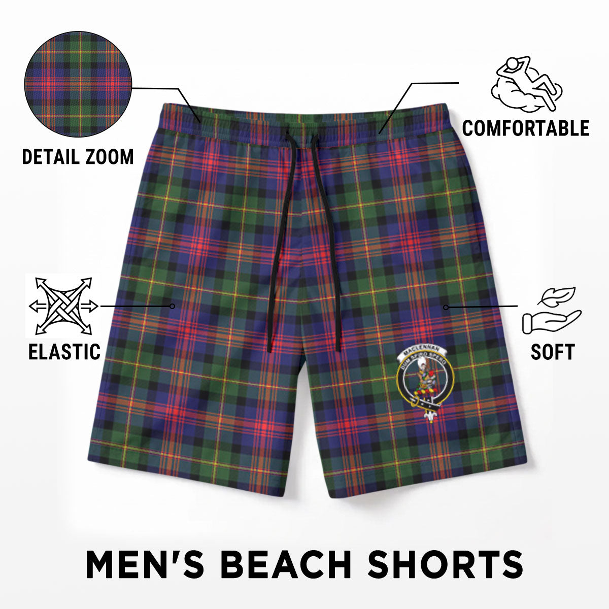 MacLennan Modern Tartan Crest Men's Beach Shorts