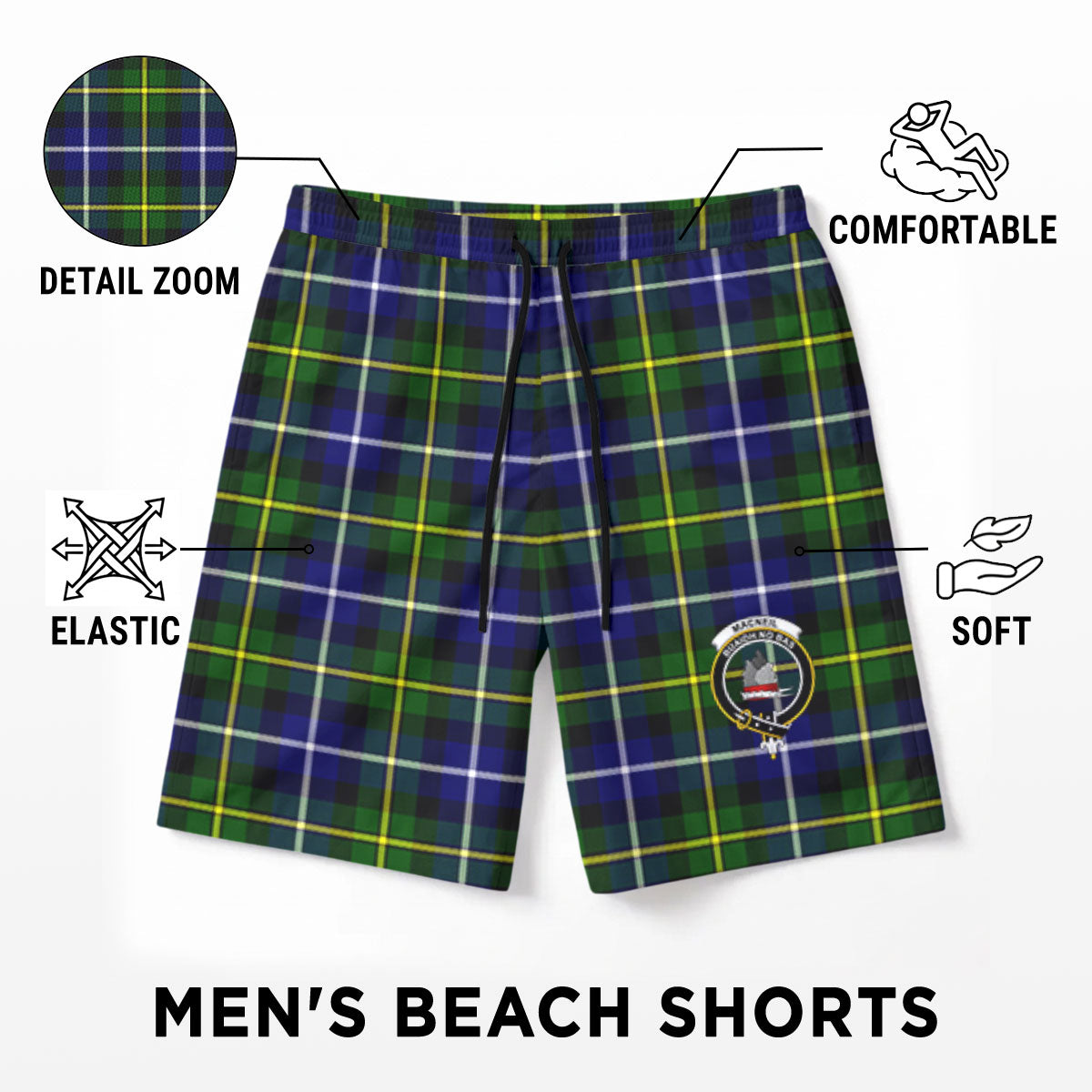 MacNeil of Barra Modern Tartan Crest Men's Beach Shorts