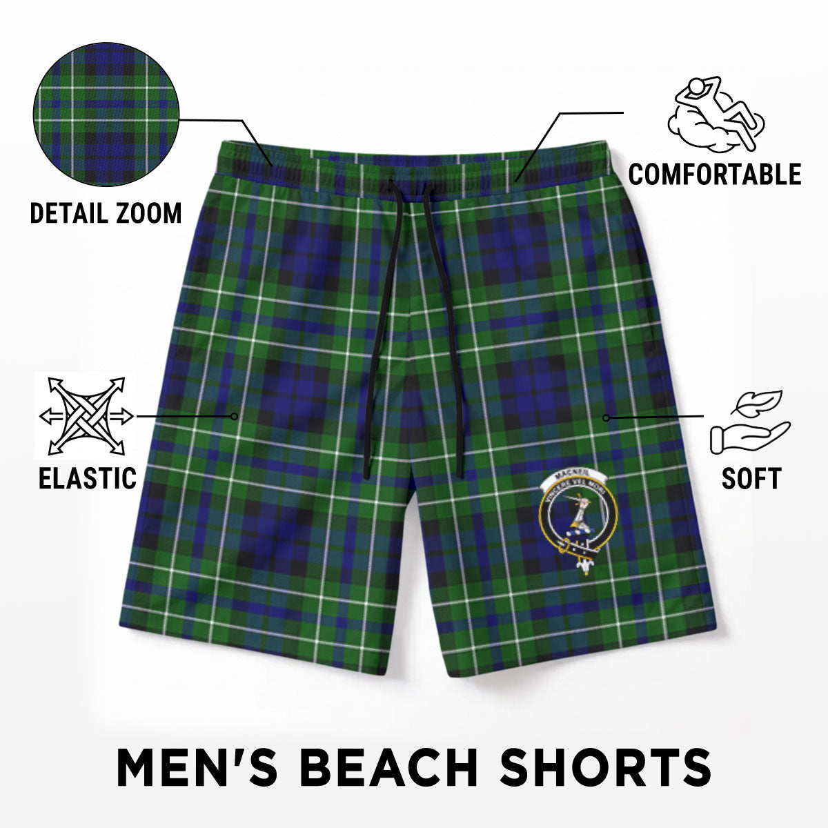 MacNeil of Colonsay Modern Tartan Crest Men's Beach Shorts