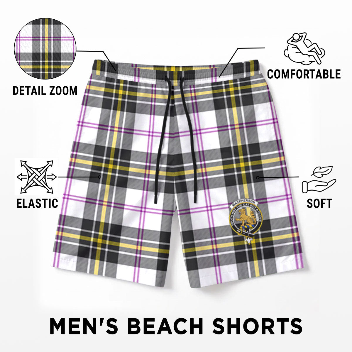 MacPherson Dress Modern Tartan Crest Men's Beach Shorts