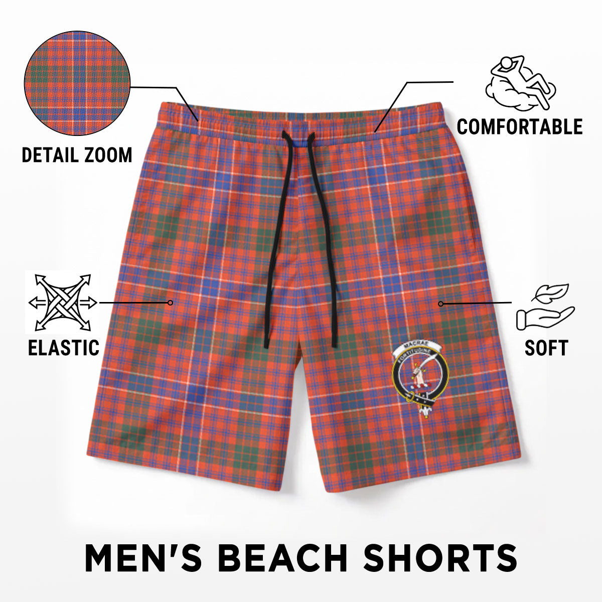 MacRae Ancient Tartan Crest Men's Beach Shorts