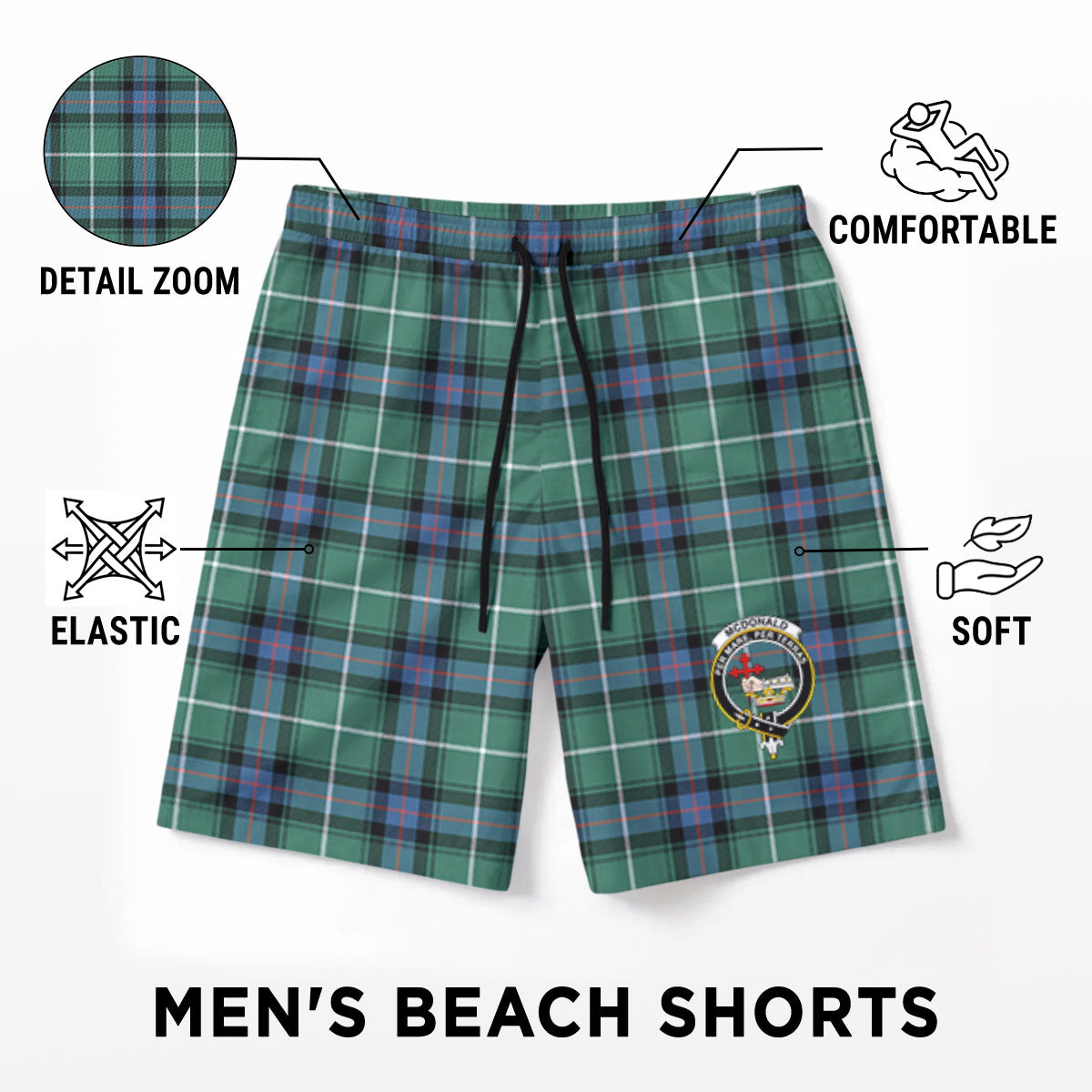 McDonald of the Isles Hunting Ancient Tartan Crest Men's Beach Shorts
