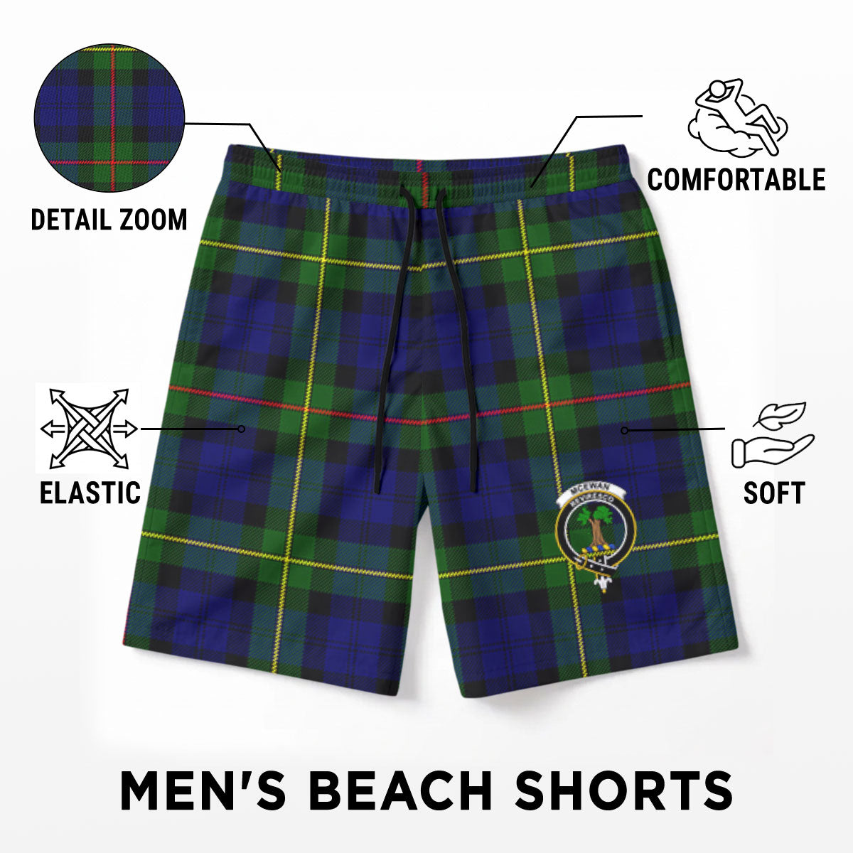 McEwan Modern Tartan Crest Men's Beach Shorts