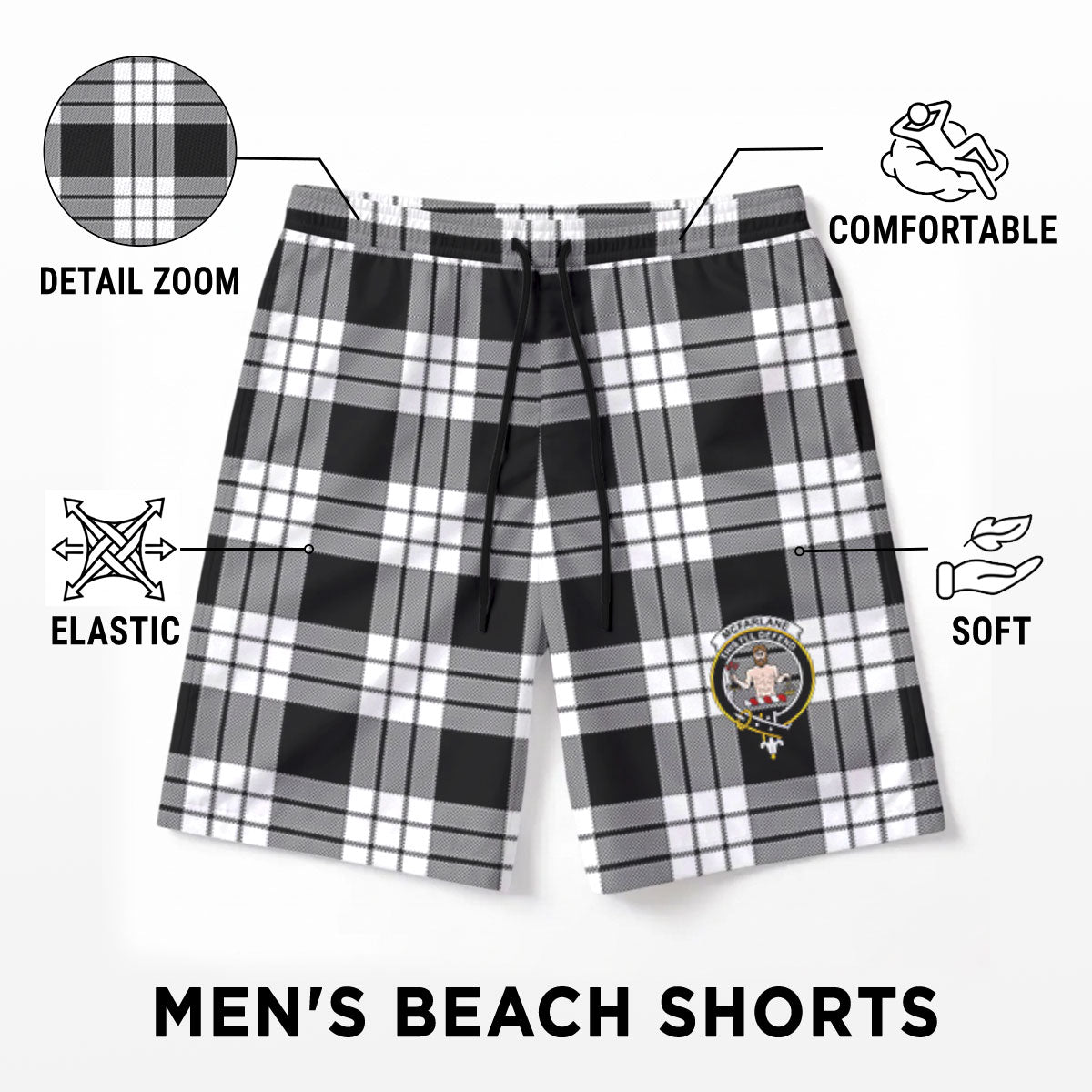 McFarlane Black - White Tartan Crest Men's Beach Shorts