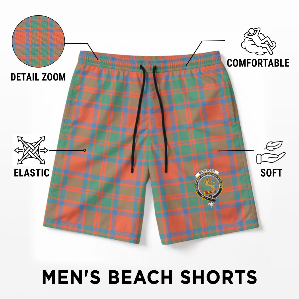 McIntosh Ancient Tartan Crest Men's Beach Shorts