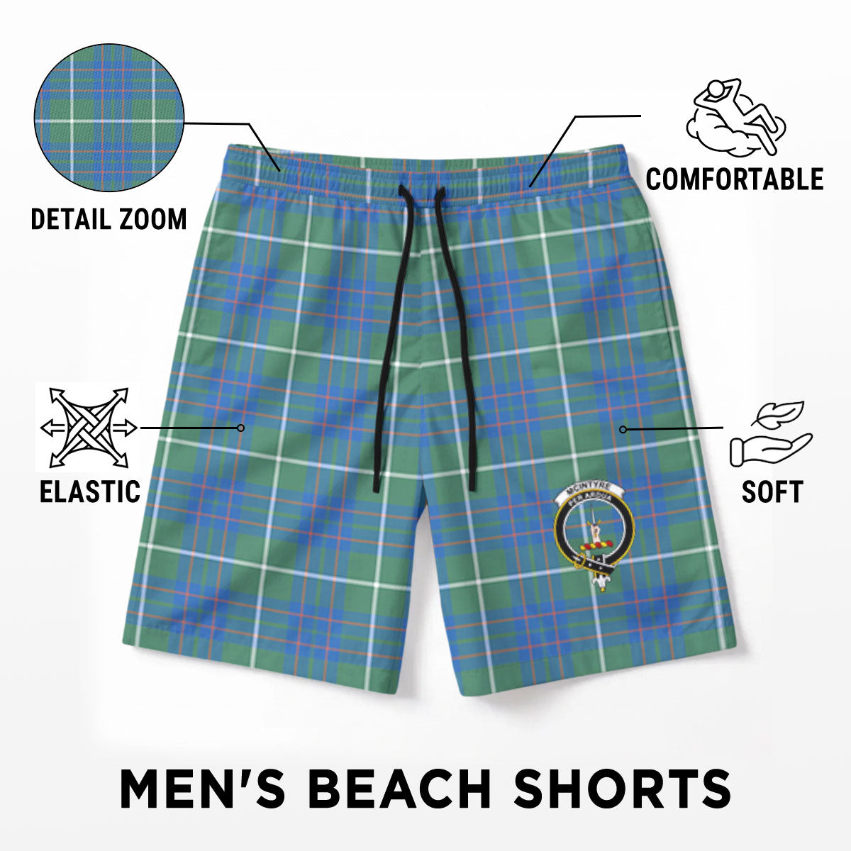 McIntyre Hunting Ancient Tartan Crest Men's Beach Shorts