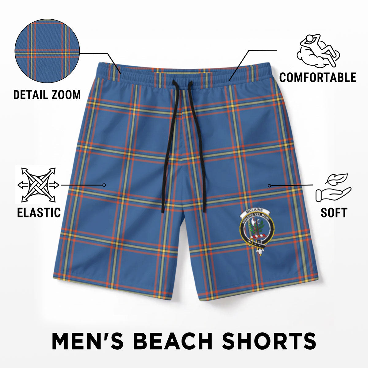 McLaine of Loch Buie Hunting Ancient Tartan Crest Men's Beach Shorts