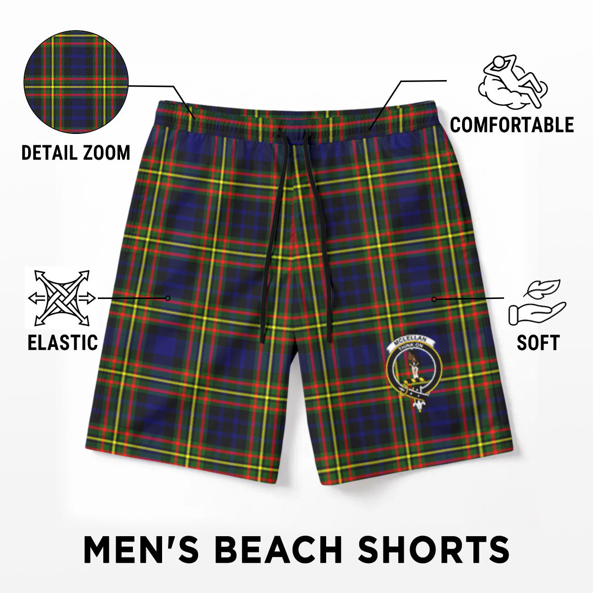 McLellan Modern Tartan Crest Men's Beach Shorts