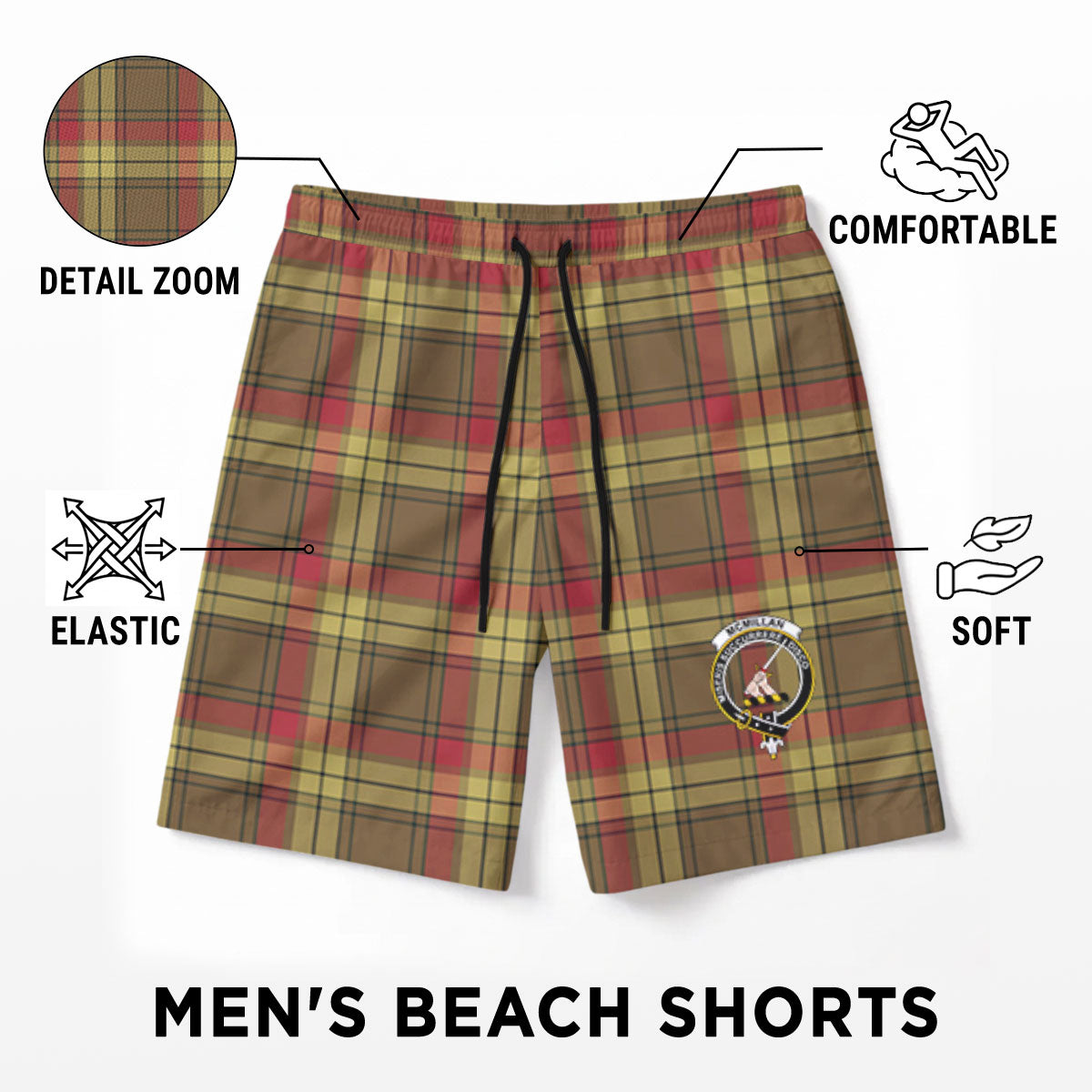 McMillan Old Weathered Tartan Crest Men's Beach Shorts
