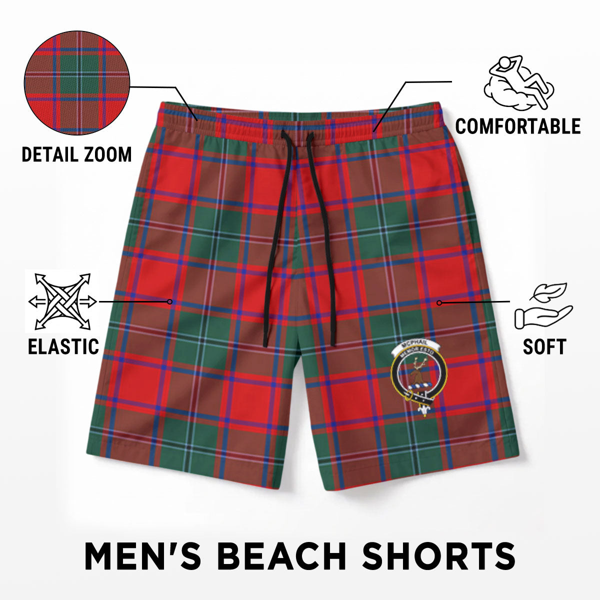 McPhail Clan Tartan Crest Men's Beach Shorts