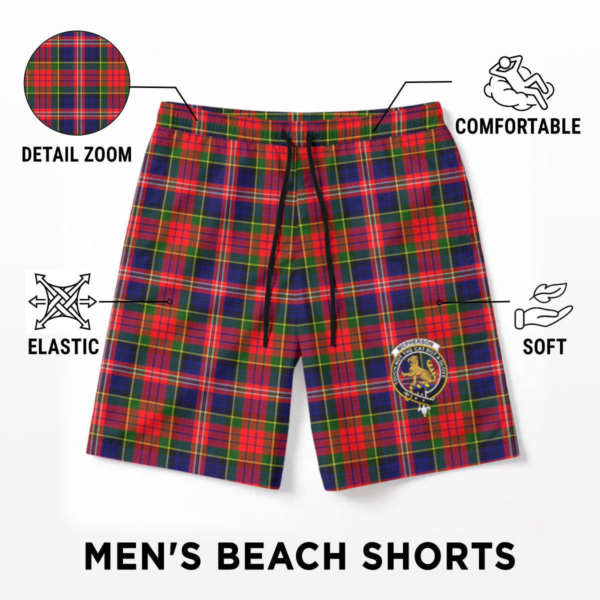 McPherson Modern Tartan Crest Men's Beach Shorts